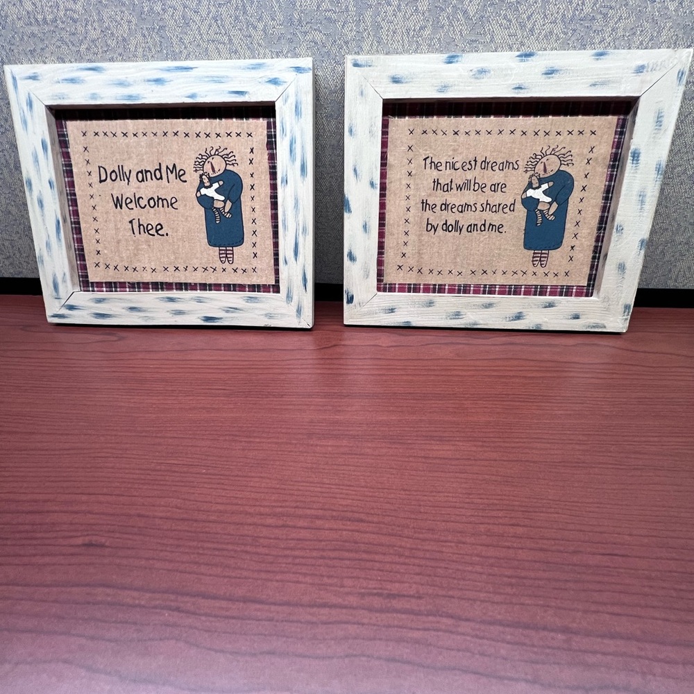 Vintage Rustic Blue and Cream Primitive Framed Pictures